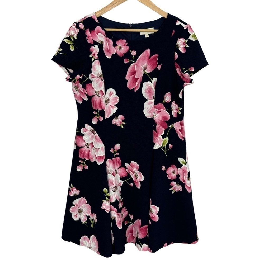 Laura Petites Floral Dress Sz 14 Navy Blue Pink Pretty Wedding Sundress EUC